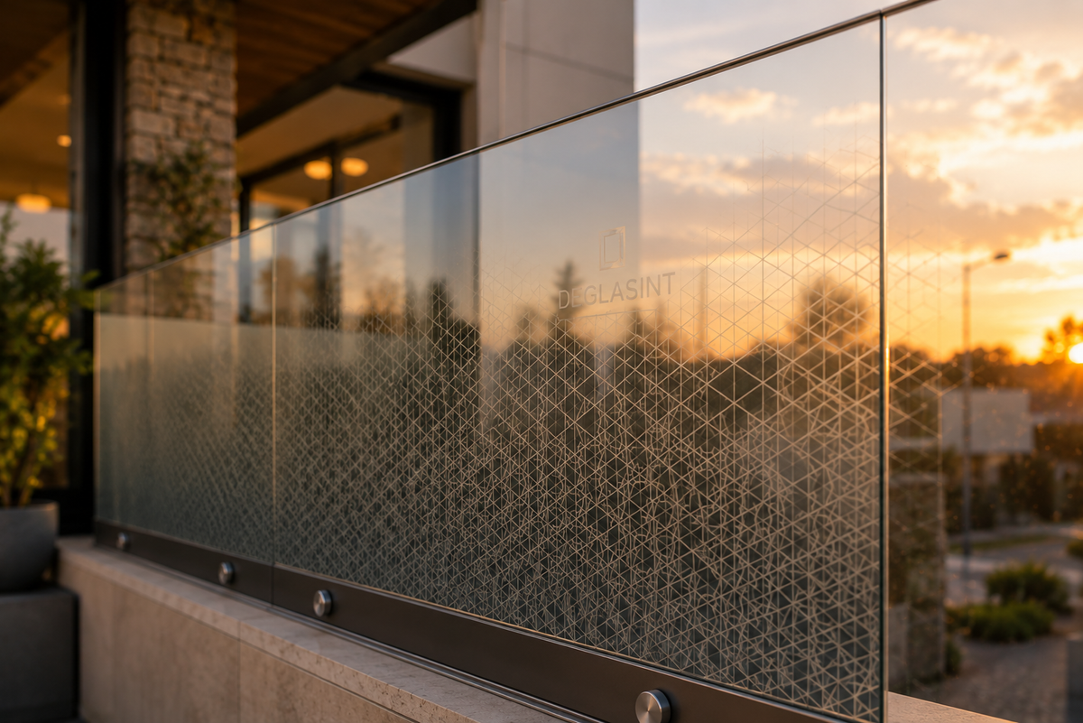 Glass railing with geometric pattern on a balcony at sunset