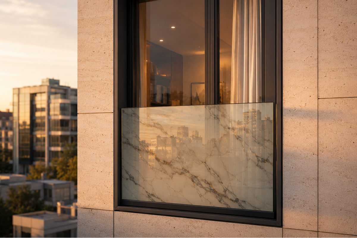 Modern building exterior with a large window reflecting cityscape.