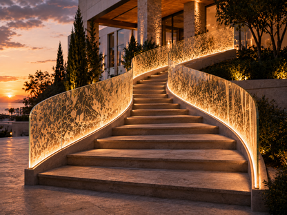 Staircase with illuminated handrails leading to a building at sunset.