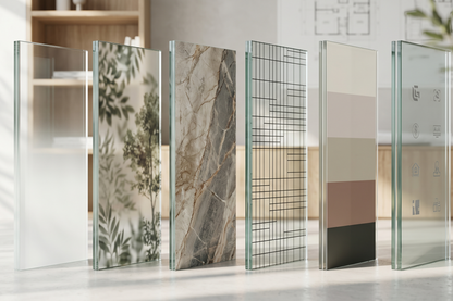 Glass partition panels with different design patterns in a modern interior setting.