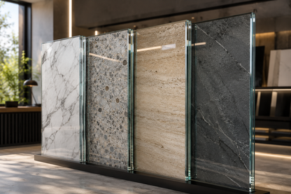 Display of various marble and stone samples in a showroom setting.