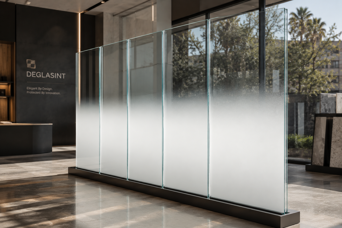 Modern glass partition in a building lobby with 'DEGLASINT' branding.