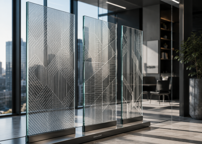 Glass partition with geometric patterns in an office setting