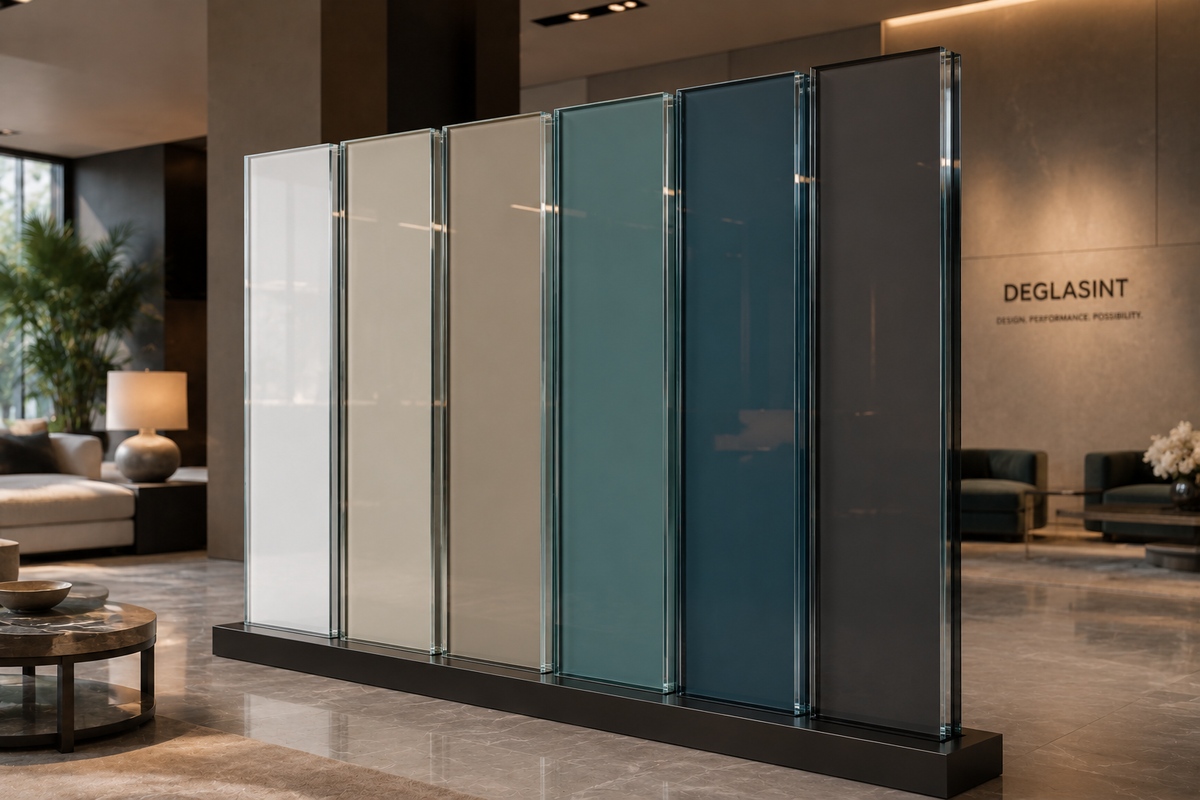 Display of glass panels in various colors in a showroom setting.