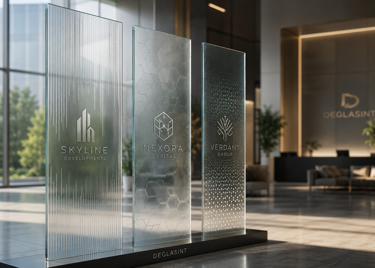 Frosted glass panels with embossed logos in a modern indoor setting