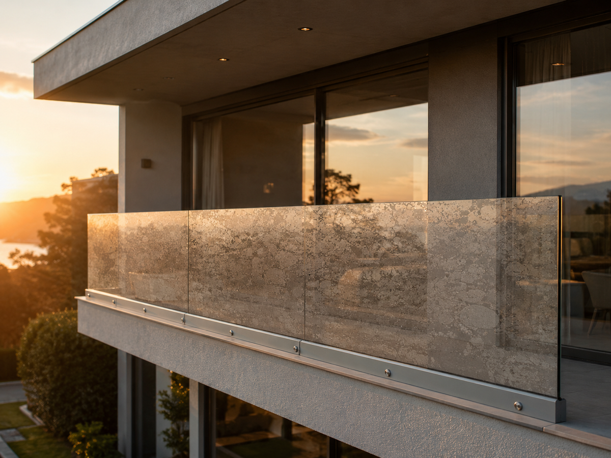 Modern balcony with glass railing at sunset