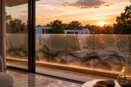 Sunset view from a modern living room with large glass doors.