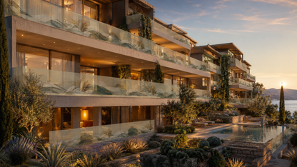 Modern architectural building with balconies and a pool at sunset.