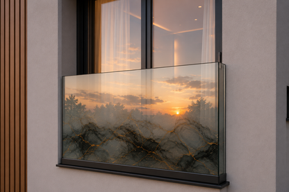 Modern indoor wall art displaying a sunset over water with a neutral background