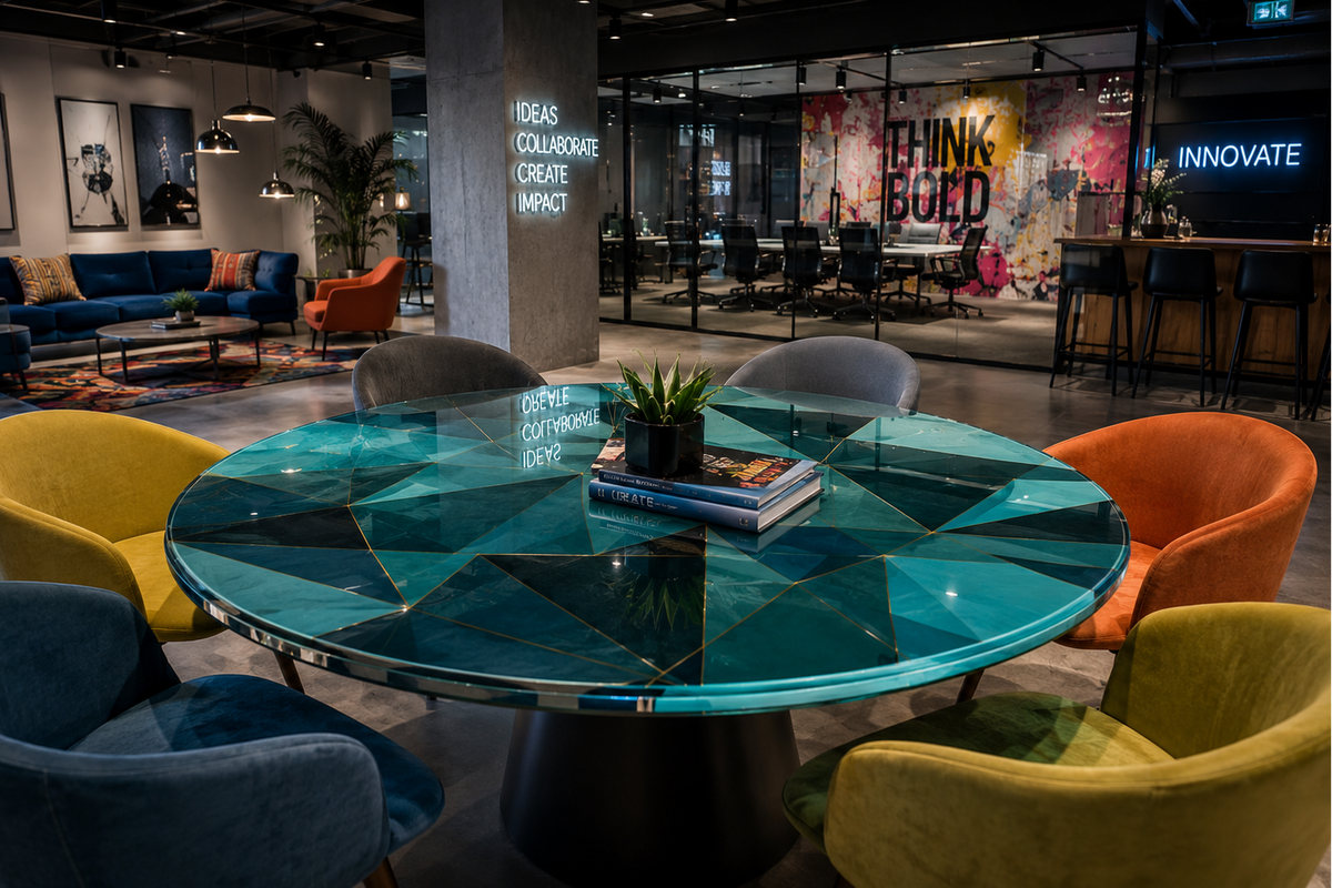 Modern interior with a round blue glass table and colorful chairs in a stylish setting.
