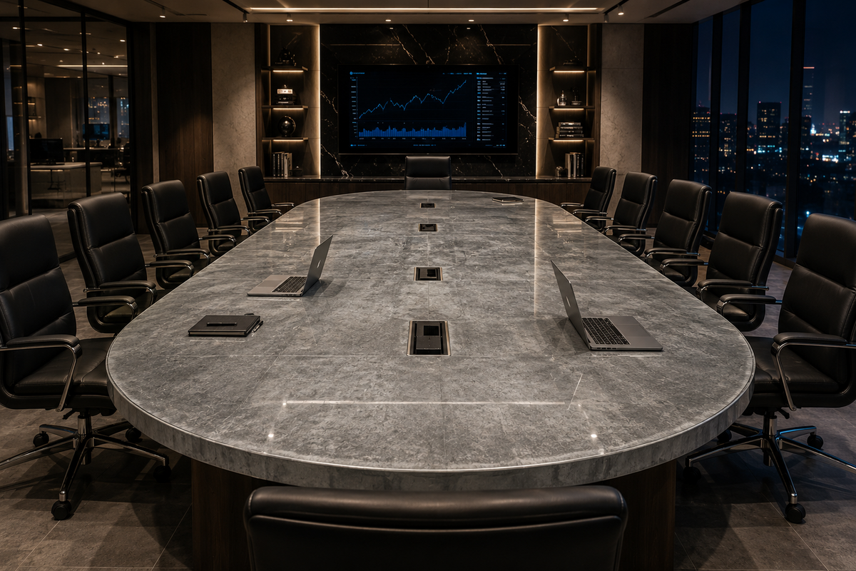 Modern conference room with a large oval table and chairs.