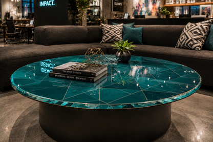 Modern interior with a round blue glass coffee table and gray sectional sofa.