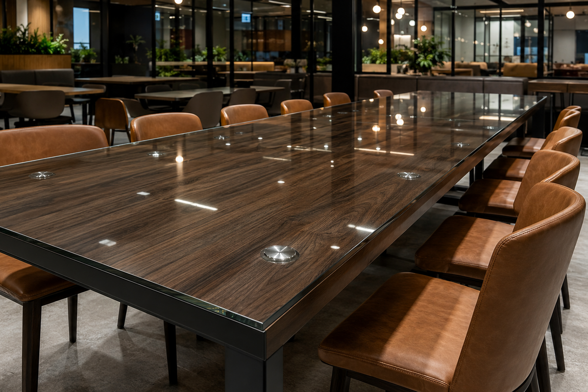 Long wooden dining table with chairs in a modern restaurant setting