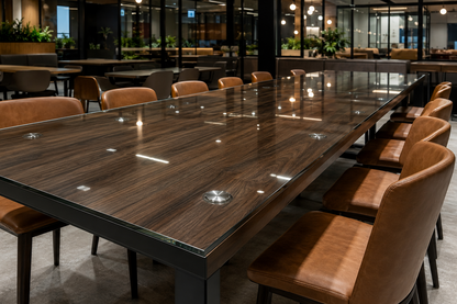 Long wooden dining table with chairs in a modern restaurant setting
