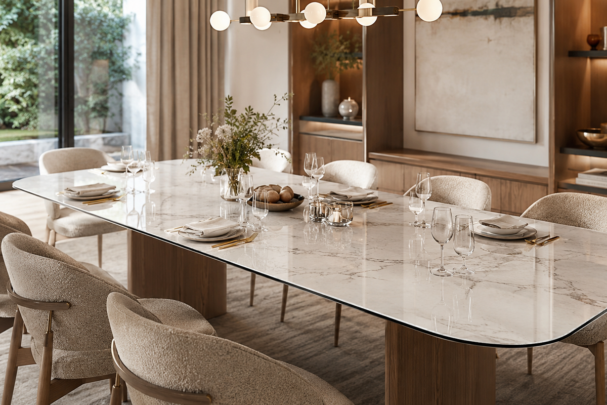 Modern dining room with marble table and chairs