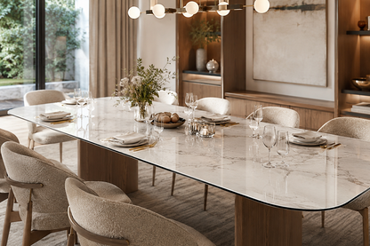 Modern dining room with marble table and chairs
