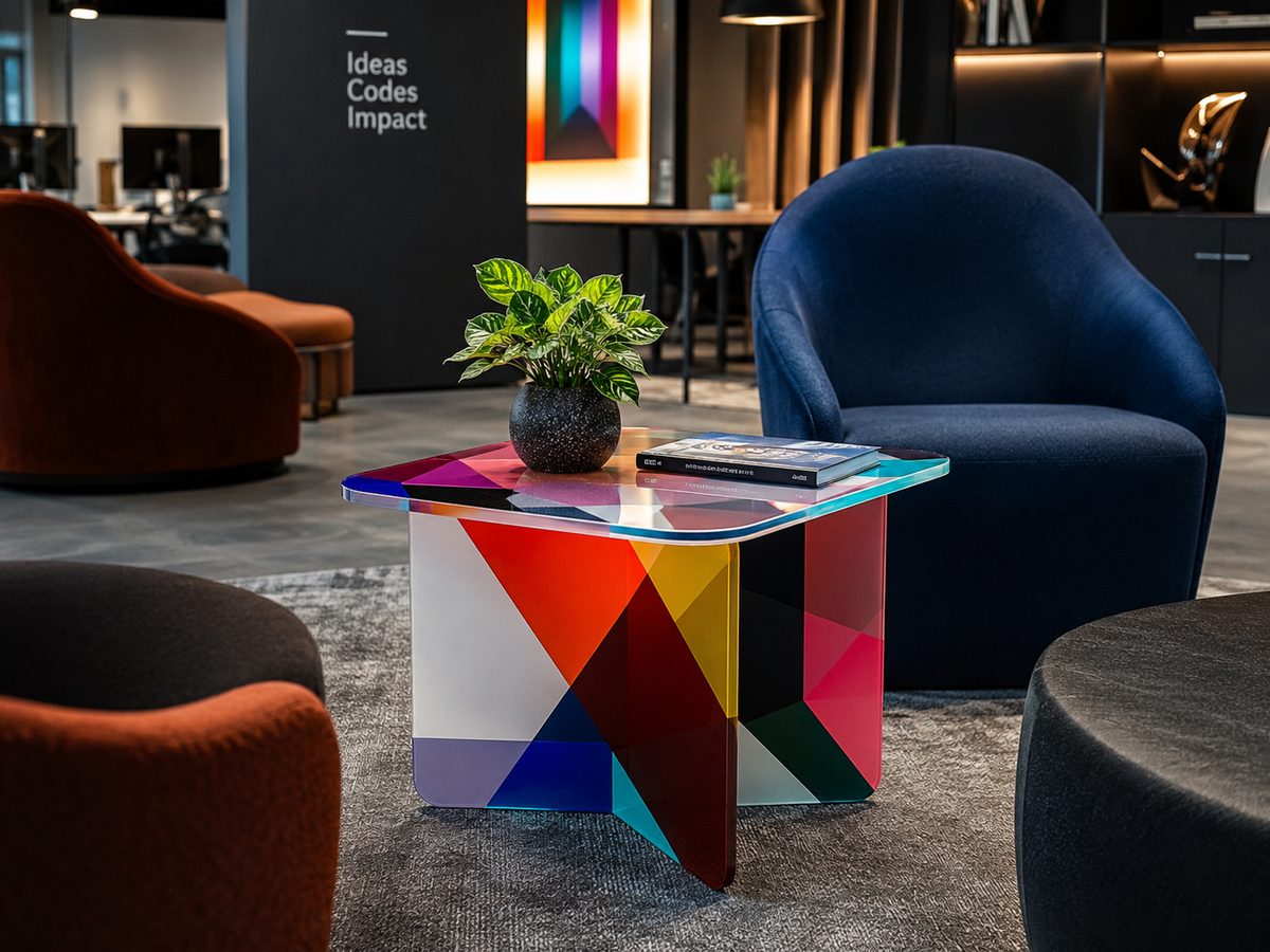 Modern interior with a colorful geometric table and comfortable chairs.