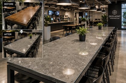 Collage of a modern office space with a long gray table and chairs, before and after comparison.