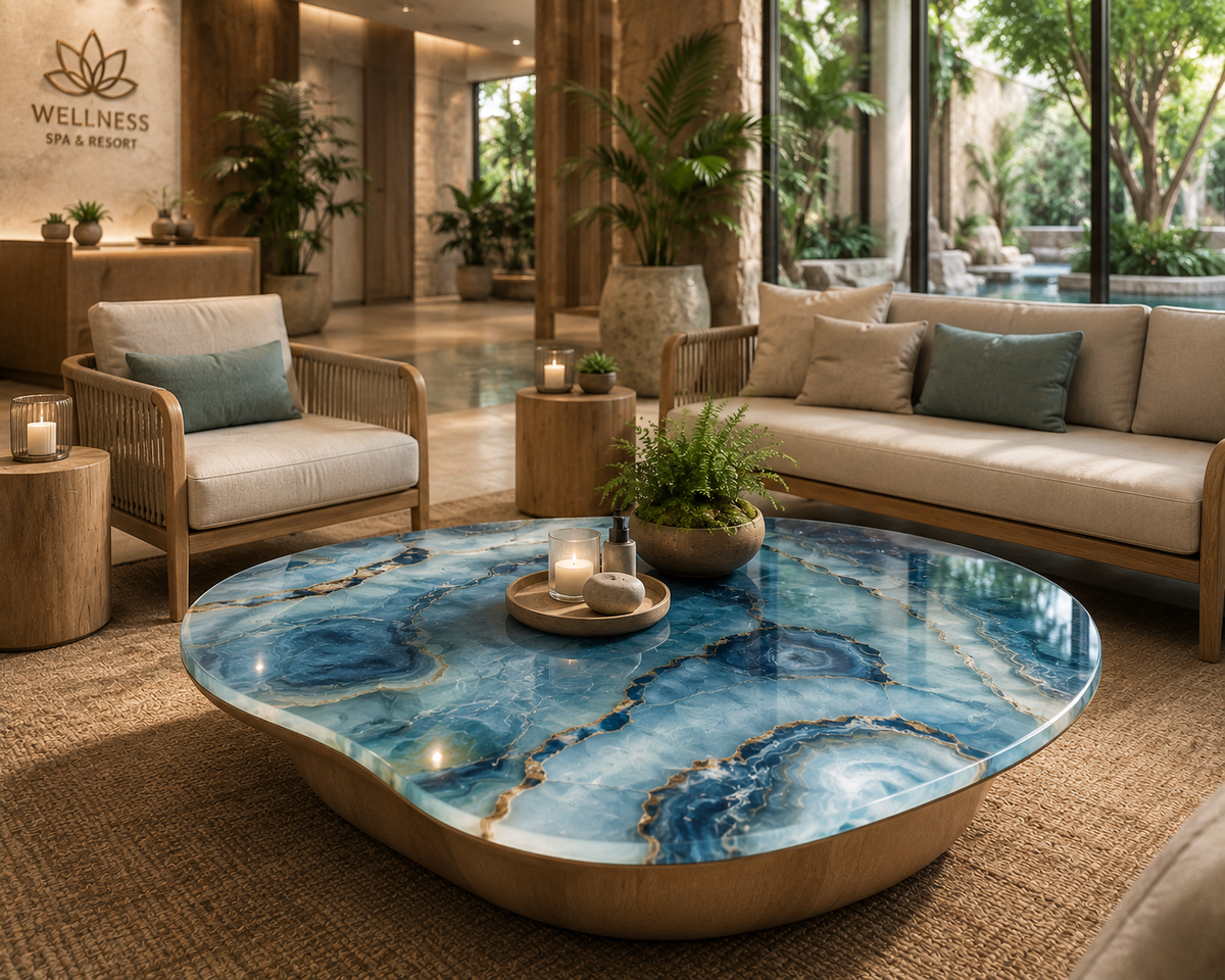 Modern interior design with a blue marble coffee table in a Wellness Spa & Resort setting.