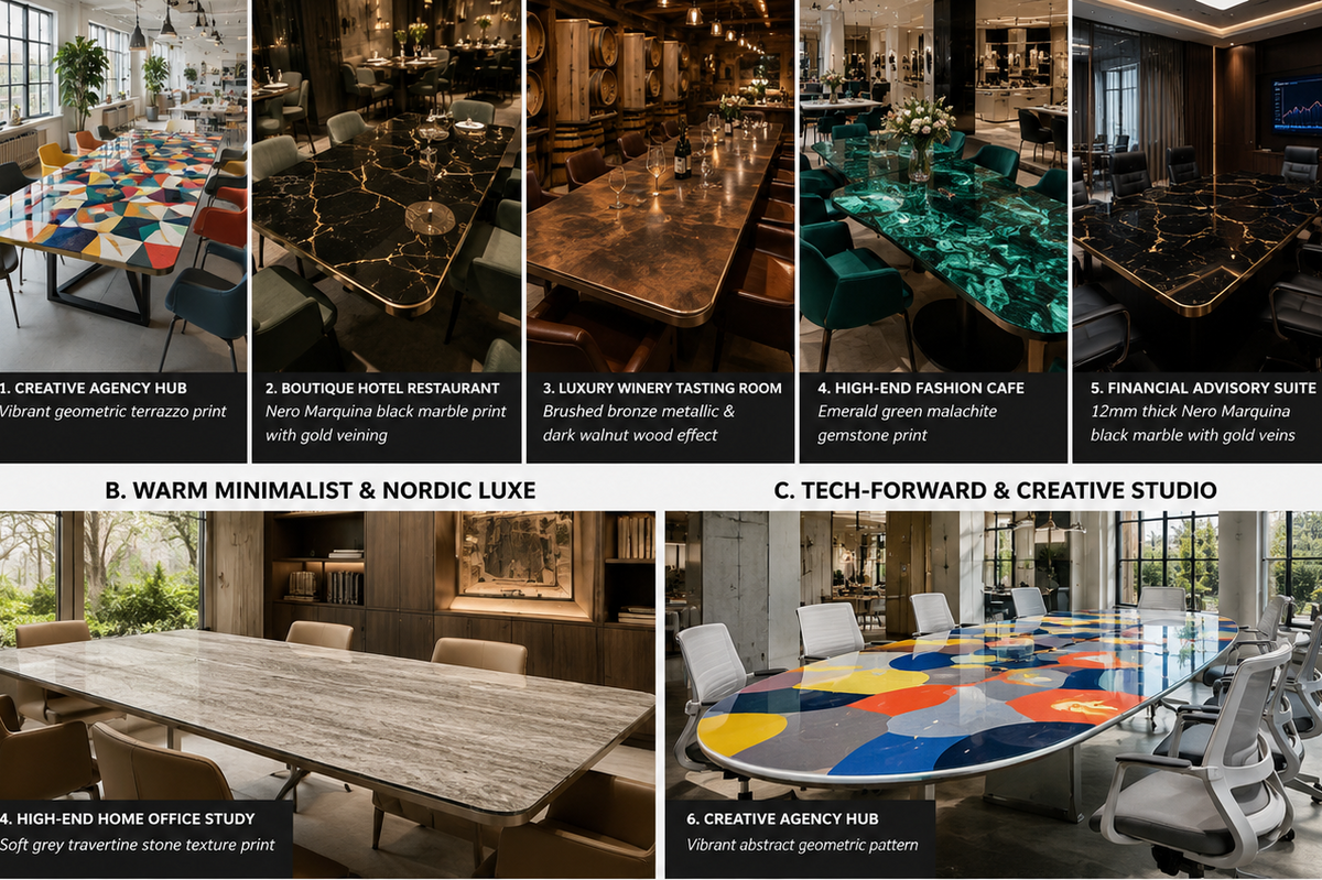 Collage of various dining tables with different finishes and designs, labeled from A to I.