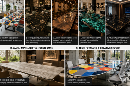 Collage of various dining tables with different finishes and designs, labeled from A to I.
