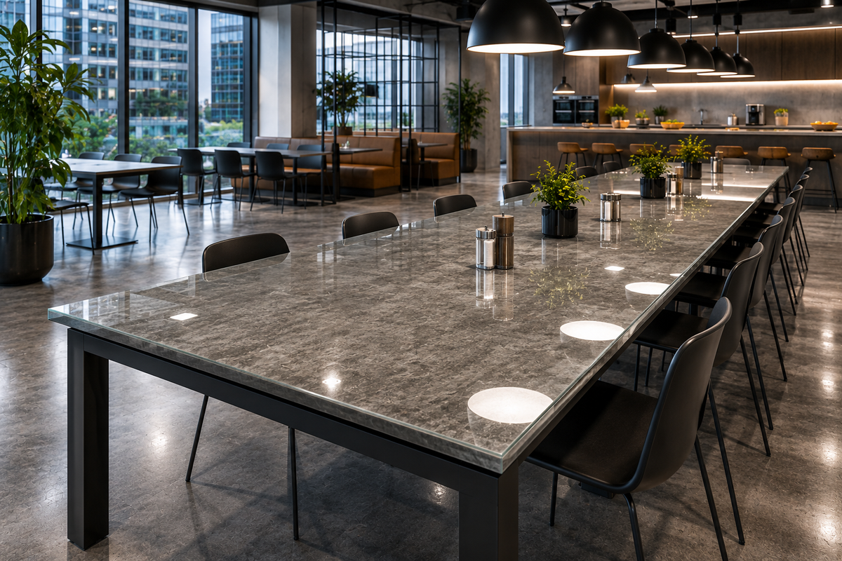 Modern office with long marble table and chairs in a well-lit room.