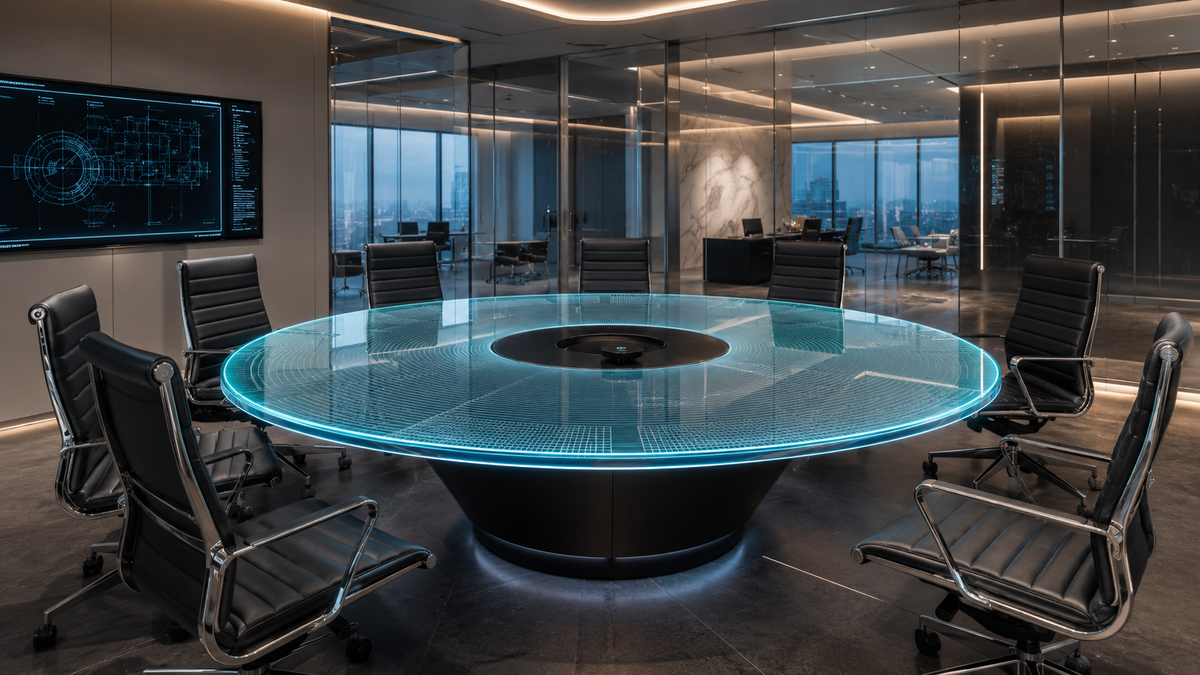 Modern conference room with a futuristic round table and chairs.