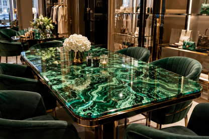 Luxury interior with a green marble table and matching chairs in a high-end store setting.