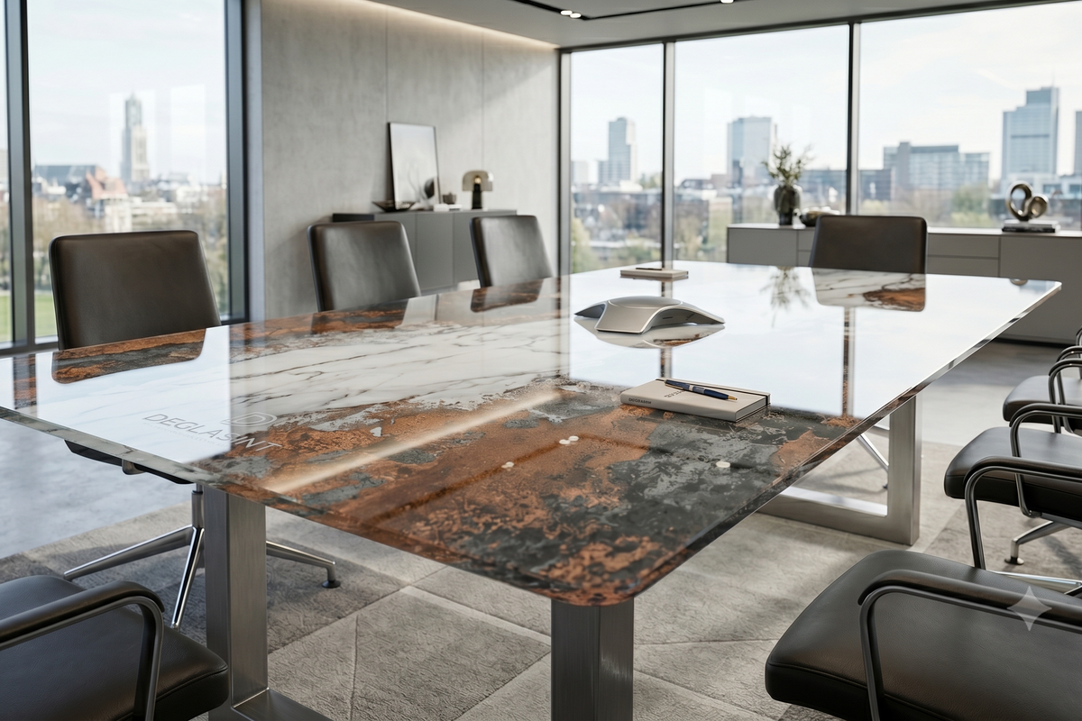 Modern conference room with a large glass table and cityscape view