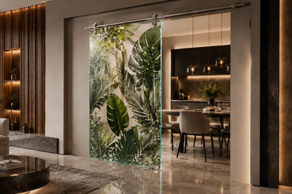 Modern interior with a glass sliding door featuring a tropical leaf design, leading to a kitchen.
