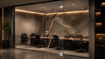 Modern office conference room with glass walls and interior decor.