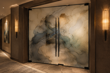 Modern hallway with abstract wall art and warm lighting