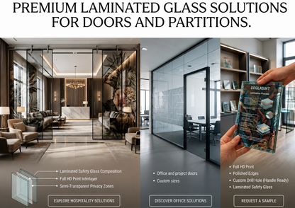 Advertisement for premium laminated glass solutions for doors and partitions with images of glass products and a person holding a brochure.