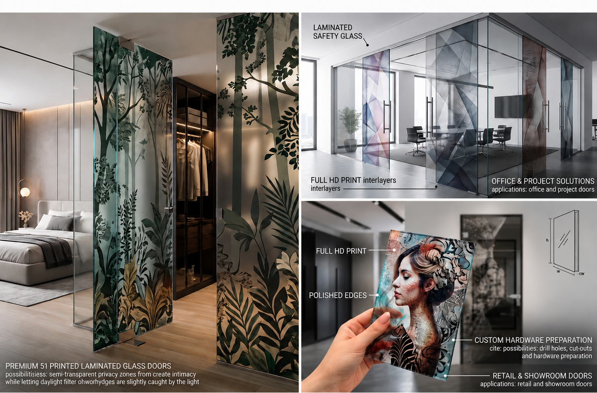 Advertisement for premium printed laminated glass doors with various applications and features.