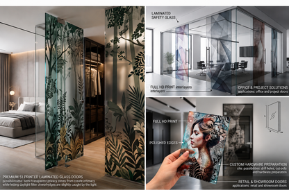 Advertisement for premium printed laminated glass doors with various applications and features.