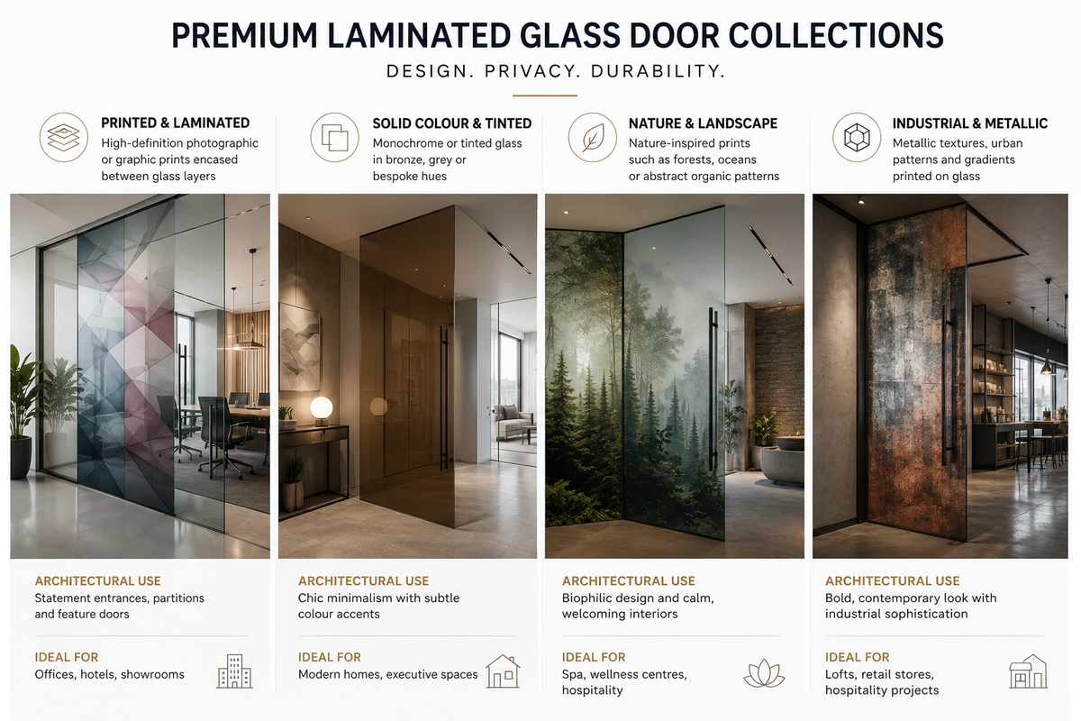 Promotional image of premium laminated glass door collections with various design styles.
