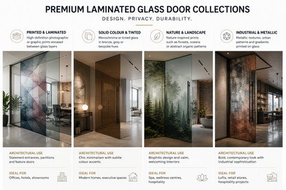 Promotional image of premium laminated glass door collections with various design styles.