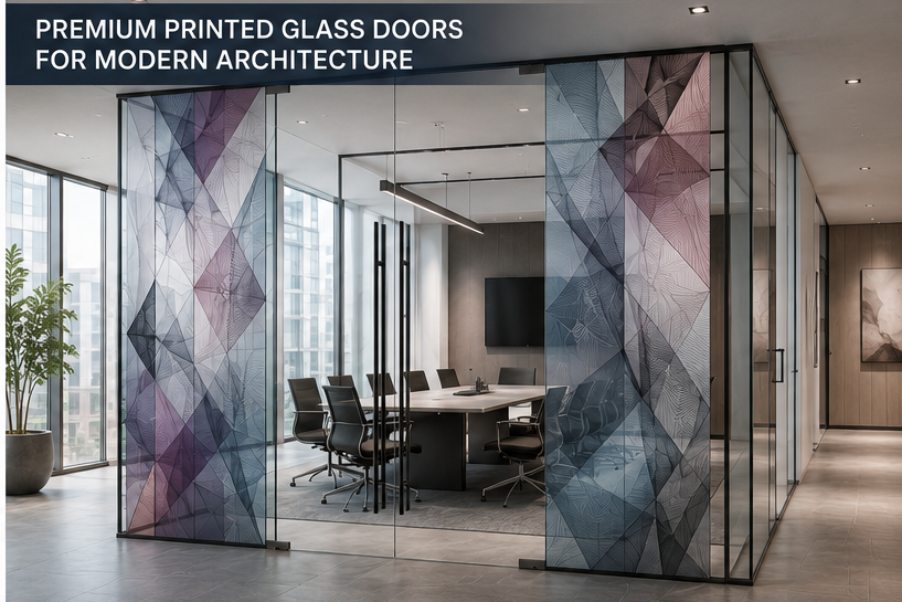Modern office interior with geometric glass doors and a conference room.