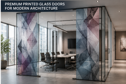 Modern office interior with geometric glass doors and a conference room.