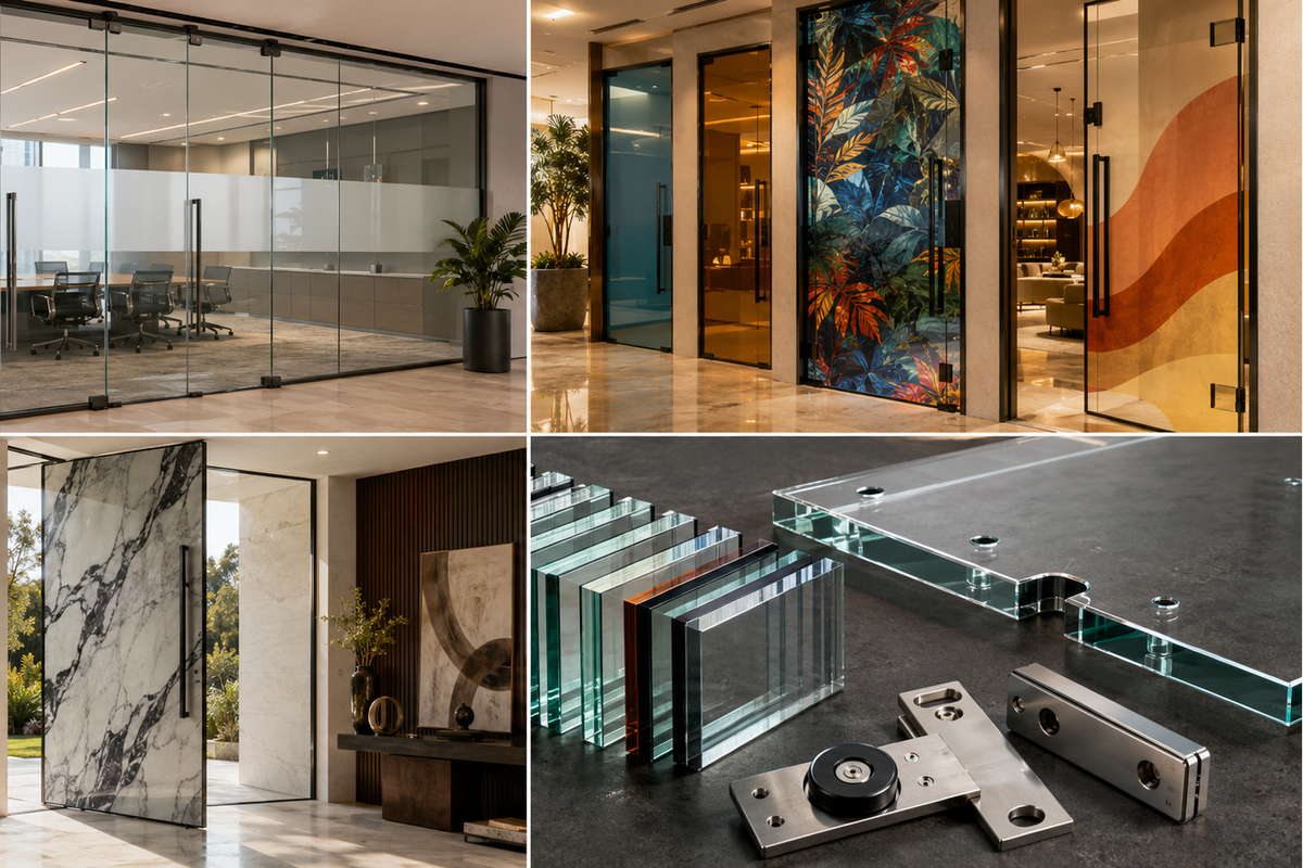 Collage of glass partition systems in various settings