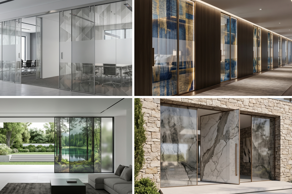 Collage of modern glass doors in various settings, including indoor and outdoor scenes.