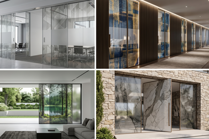 Collage of modern glass doors in various settings, including indoor and outdoor scenes.