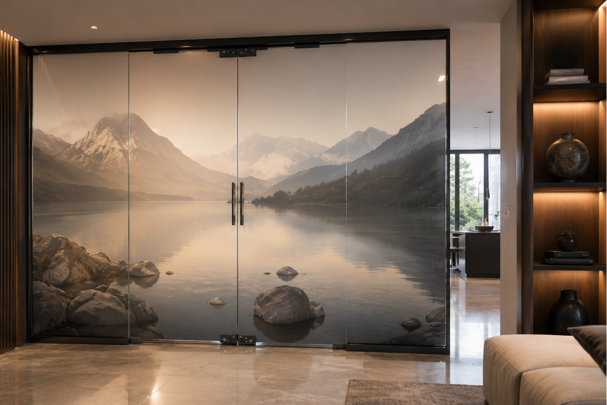 Modern interior with a large glass door featuring a mountain and lake scene.