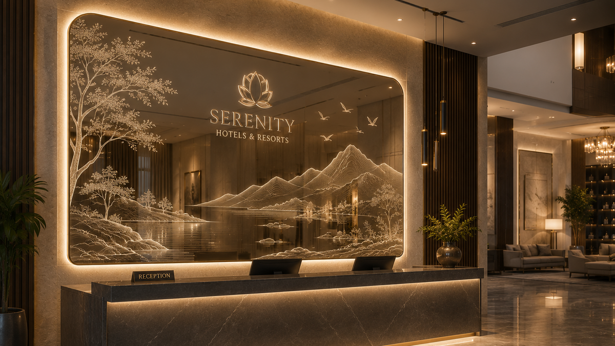 A modern hotel lobby reception desk with a large backlit wall display showing a scenic mountain and lake engraving. The display reads 'SERENITY HOTELS & RESORTS' with a lotus logo.
