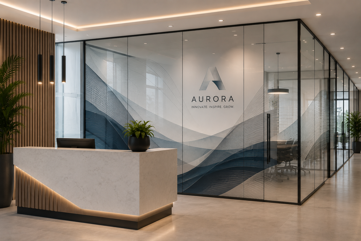 Modern office lobby with a white reception desk, glass partition walls, and a large Aurora logo on the back wall. The design features abstract wavy patterns in blue and gray on the glass panels, with warm ambient lighting and a wood slat accent wall on the left.