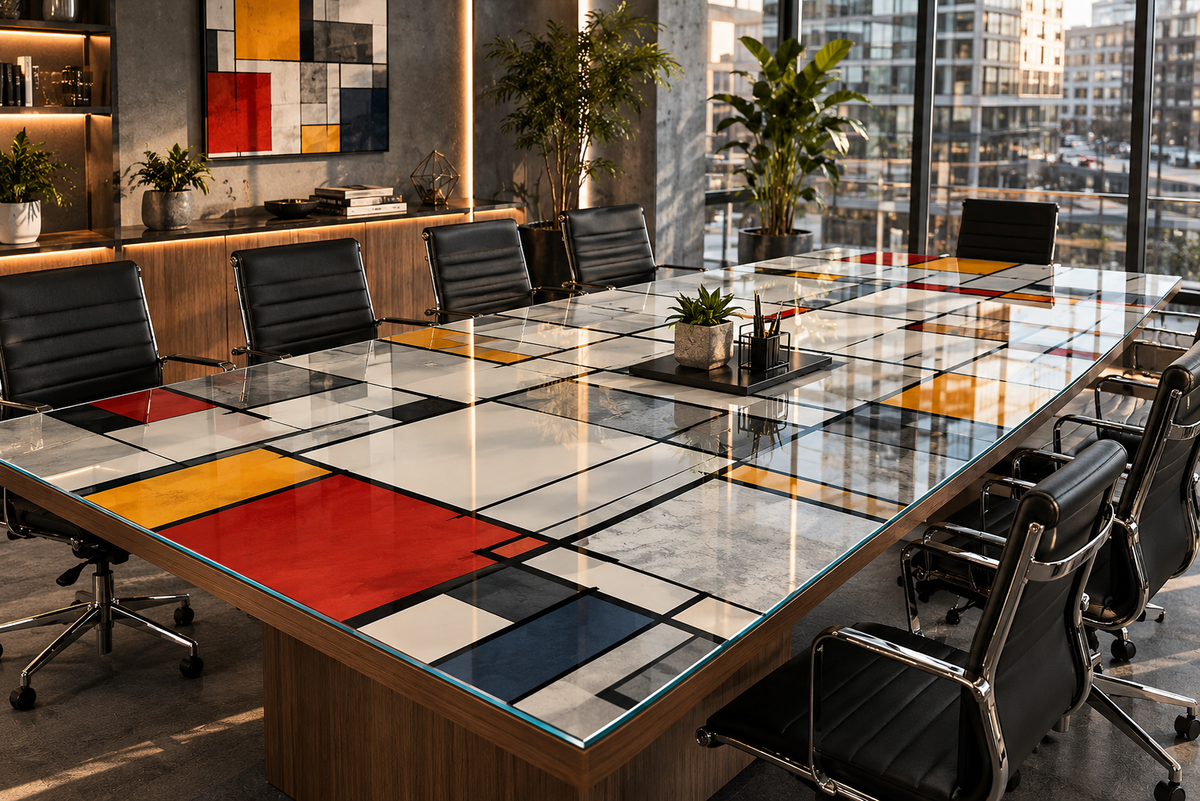 Modern conference room with a colorful geometric-patterned table and black chairs.