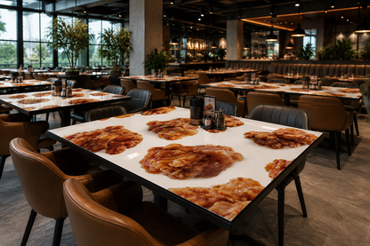 Dining area with tables set for meals in a modern restaurant.
