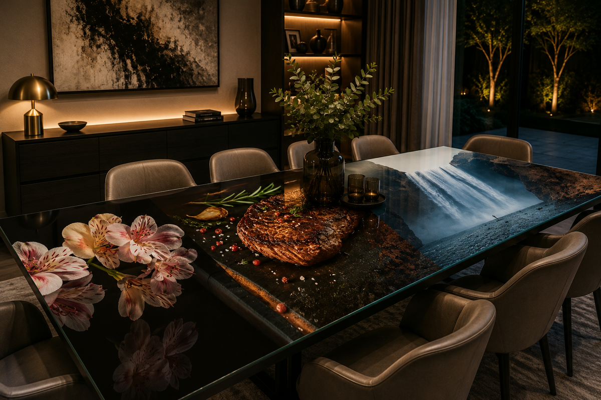 Dining table set with flowers and a pizza in a dimly lit room.