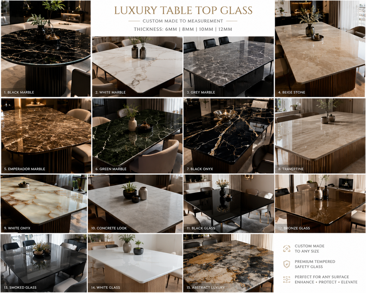 Collage of various luxury table top glass options with descriptions.