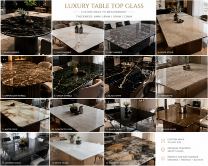 Collage of various luxury table top glass options with descriptions.